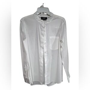 NWT DKNY White button down blouse with rhinestone detailing.